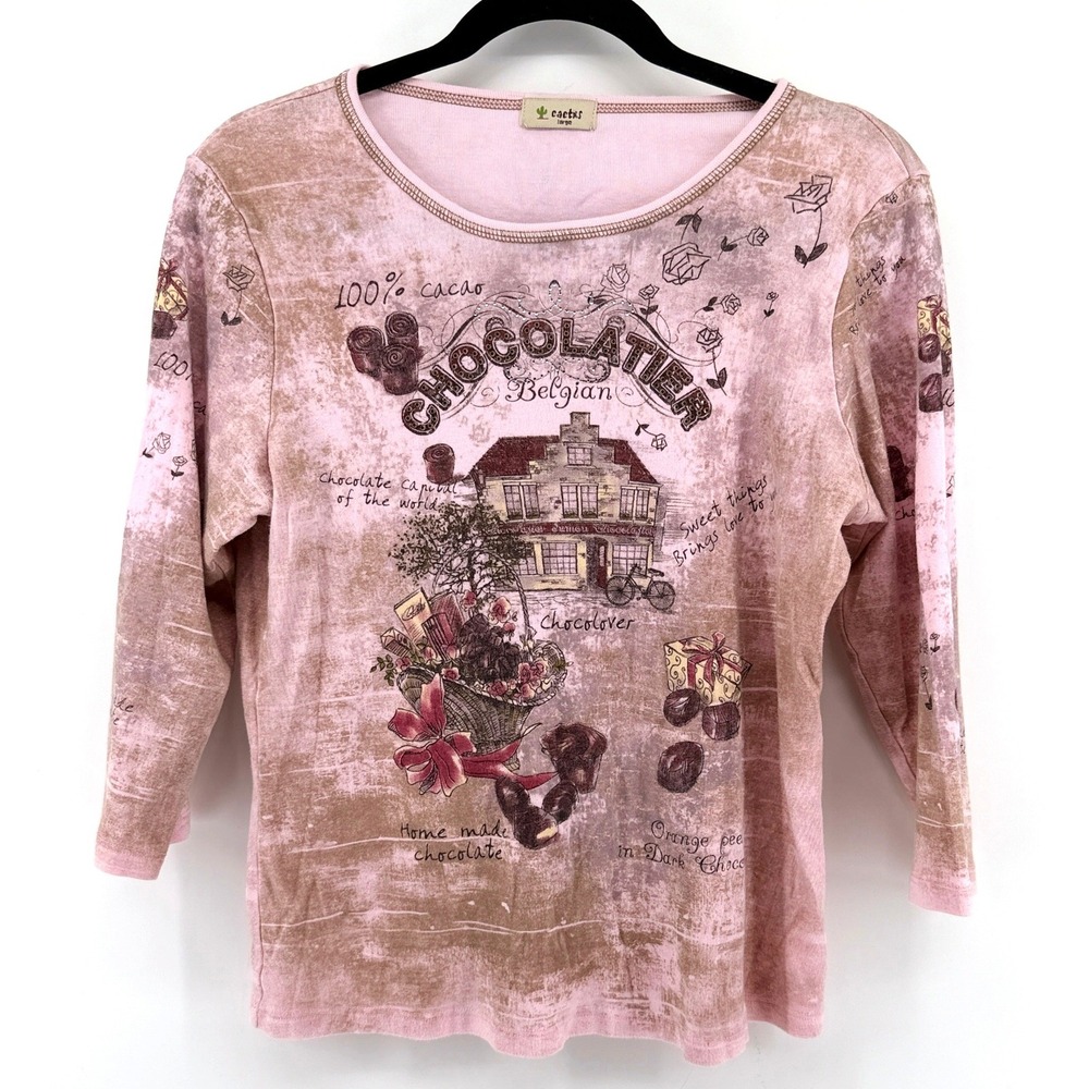 Cactus T-Shirt Chocolatier Belgian Graphic Large Pink Womens 3/4 Sleeve Tee Y2K